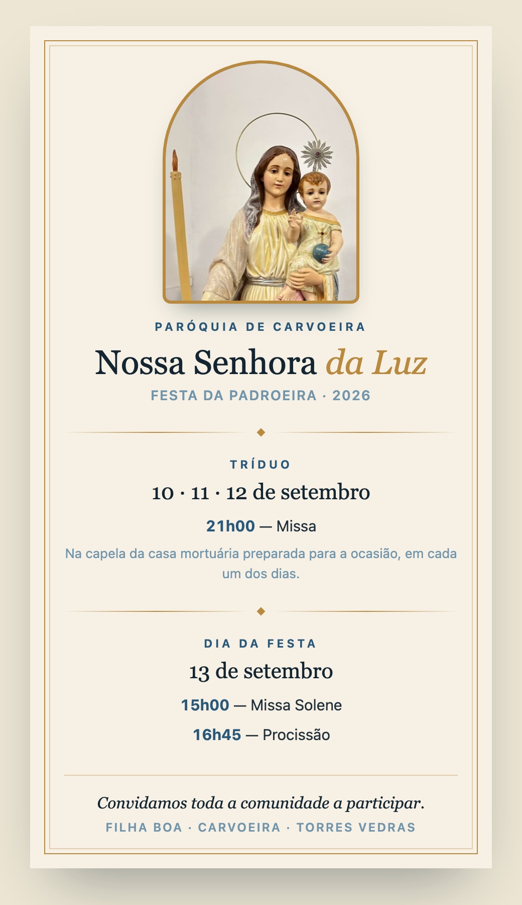 Tríduo e Festa de Nossa Senhora da Luz 2026